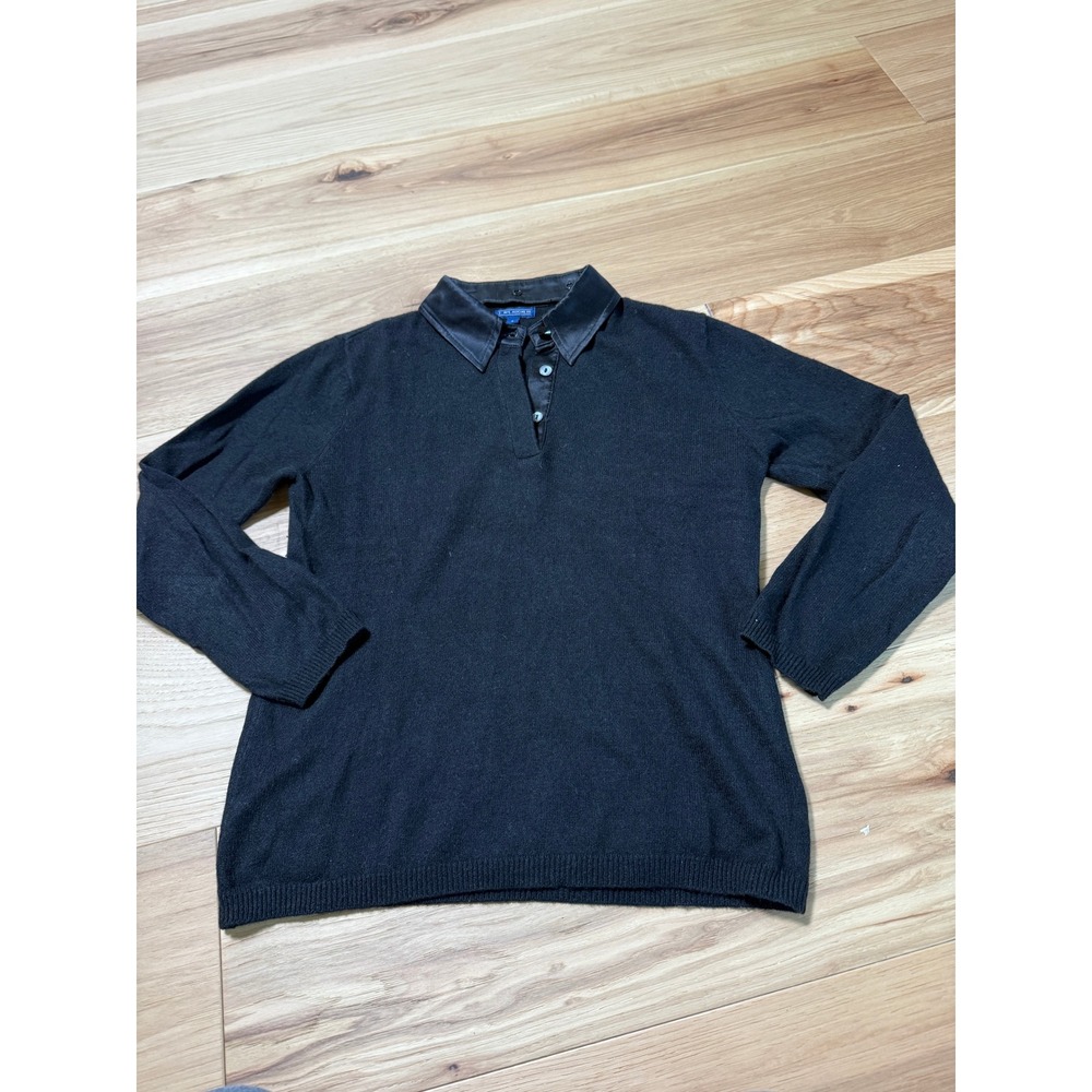 J. McLaughlin Polo Sweater Women S Black Cashmere Blend Detachable Satin Collar